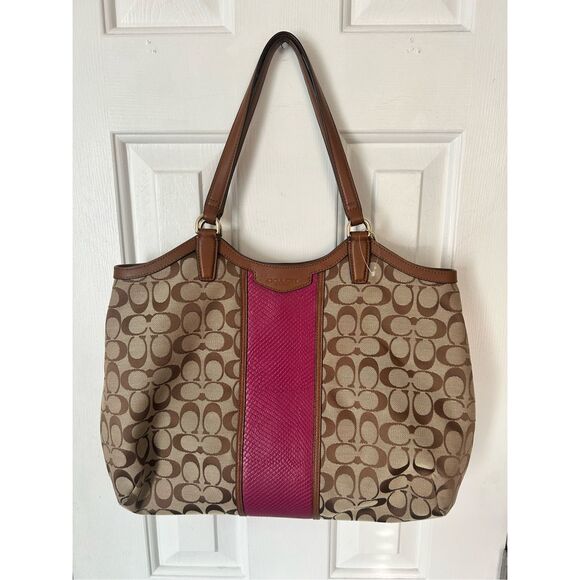 Coach Signature Stripe City Tote Large Khaki & Fuschia Shoulder Bag F31444 hobo - Picture 1 of 9